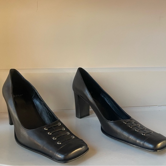 Mano Vintage Style Square Toe Laced Brown Leather Pumps Size 8 - Picture 8 of 11